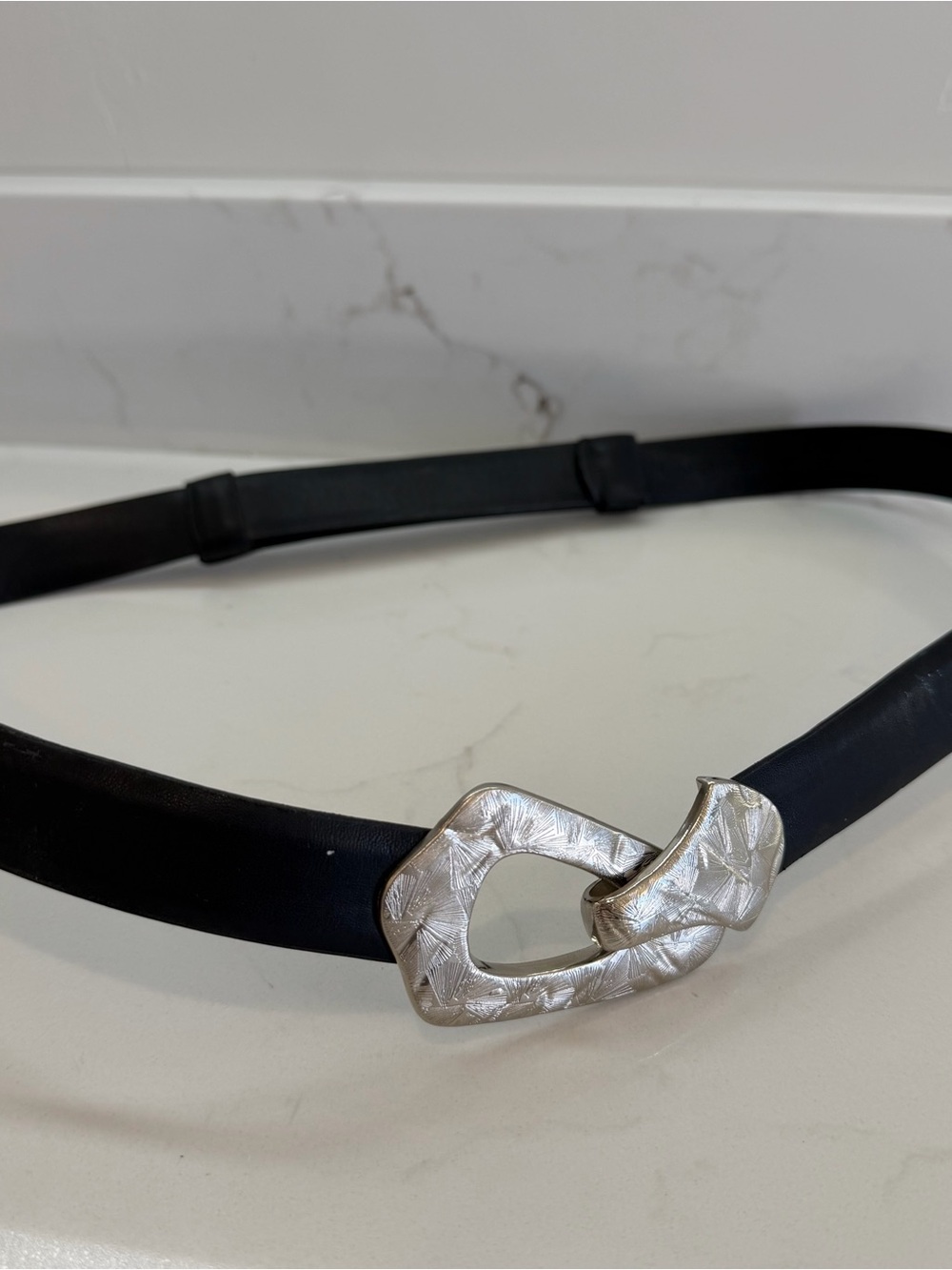 Vintage Black Leather Belt Silver Why CB Ed Buckle Women’s Size Med LRG